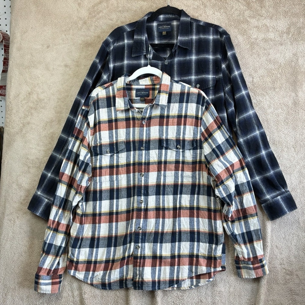 Pair Lucky Brand Button‎ Up Plaid Flannel Shirt XL Classsic Fit Pockets EUC